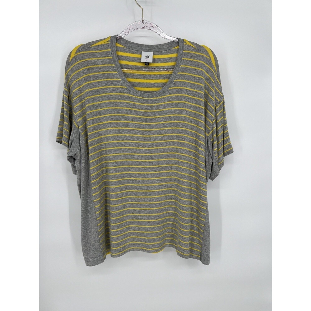Cabi Tee Striped Top Shirt Short Sleeve Round‎ Neck Gray Yellow Womens Sz S